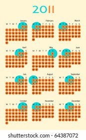 Classic calendar for 2011. Easy to edit. with orange and pale blue roundel. Weeks starts on Monday.