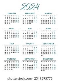 Classic calendar 2024, days and months. Print, poster, vector