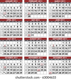 Classic calendar template for 2011 with official federal US holidays, weeks start on Sunday