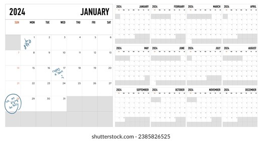 Classic calendar template for 2024 with months. Large square cages for notes. Week starts on Sunday. Annual business planner. English handwritten text. Agenda organizer. Vector illustration. New Year