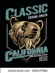 Classic California with Bear face in vector illustration.Clothing,t-shirt,apparel and other uses.Abstract design with the grunge and denim style.Eps10