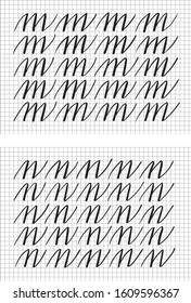 Classic calligraphic study letters n and m. Lined paper lettering