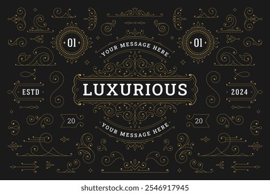 Clásica caligrafía remolinos florales de lujo de oro elemento de diseño conjunto de Ilustración vectorial. Marco adornado de Antiguas y divisor para la decoración de texto Invitación de boda Menú de restaurante Certificado real