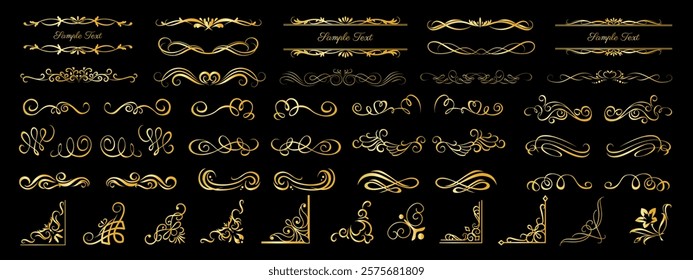Classic calligraphy swirls, swashes. Set of Decorative vintage frames and borders set. Gold Ornate vintage frames and scroll elements. Classic calligraphy swirls, swashes