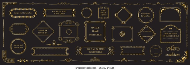 Classic calligraphy swirls, swashes. Set of Decorative vintage frames and borders set. Gold Ornate vintage frames and scroll elements. Classic calligraphy swirls, swashes.