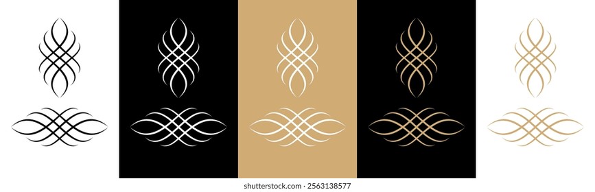 Classic calligraphy swirls, swashes, vintage frames, white, black, gold, vector