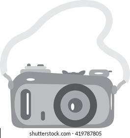 classic camera with a strap in black and white colors on a white background