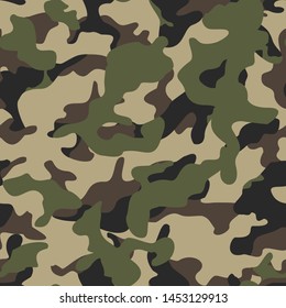 
Classic camouflage modern seamless pattern. Green brown and dark spots on a beige background. Military. Hunting. Print on fabric on paper. Abstraction vector