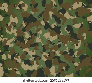 classic camouflage pattern composed of various shades of green, brown, and beige. The design features irregular, overlapping shapes that blend seamlessly to create a disruptive visual effect.