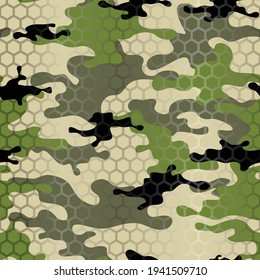 Clásico camuflaje sin fisuras. Resumen de camo de manchas hexagonales. Para la caza y la pesca. Para imprimir en tela y ropa. Ilustración del vector