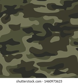 
Classic camouflage seamless pattern. Green spots on a dark background. Print on fabric on paper. Military, Hunting, Fishing. Uniform. Vector