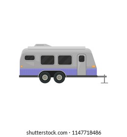 Classic camper trailer for family journey. Home on wheels. Vehicle for comfort travel. Flat vector for advertising poster or banner