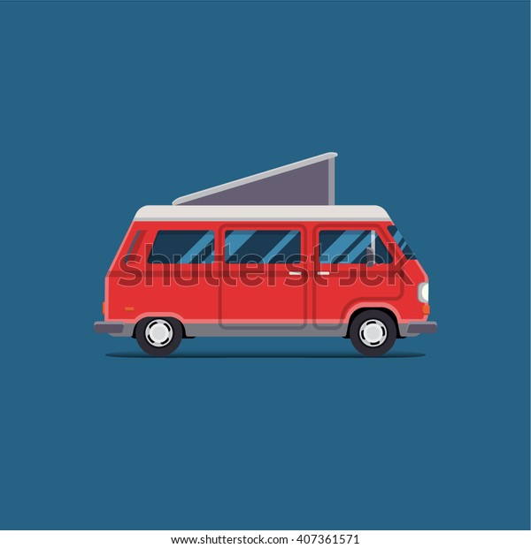 Classic Camper van.\
modern flat desigm. Famely journey. Summer camping. Side view.  Old\
Retro bus for picnic.