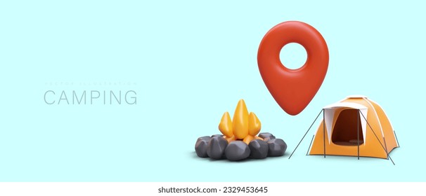 Classic camping. 3D giant red geo tag, tent, campfire. Local orientation, tourist navigation. Learning to survive in wild. Concept for tourist sites, instructors, organizers of campsites