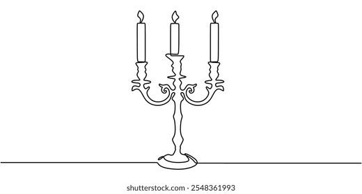 Candelabro clássico com três velas em um desenho de linha contínua, representando a iluminação vintage, tradição e elegância atemporal.