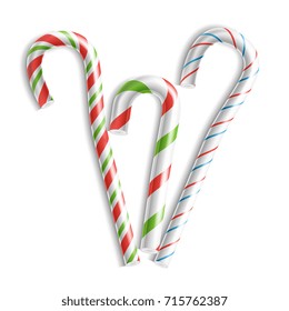 Classic Candy Cane Vector. 3D Realistic Christmas Candy Cane Set Striped In Christmas Colours. For Xmas Card And New Year Design. Isolated On White Illustration
