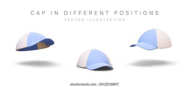 Classic cap with long hard peak. Youth accessories for head. Sun protection. Vector mockup, place for logo, brand. Baseball cap. Isolated objects at different angles