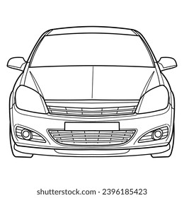 Classic car. 4 door car on white background. Front view shot. Outline doodle vector illustration