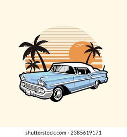 Classic Car in Beach Sunset Vibes Vector Art Illustration. Best for Automotive Tshirt Design