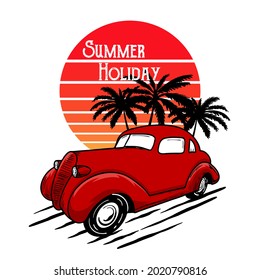 Classic Car Beach typography for t-shirt print with palm,beach and car.Vintage poster.