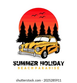 Classic Car Beach typography for t-shirt print with palm,beach and car.Vintage poster.