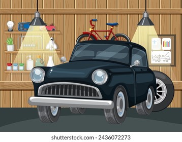 Classic car and bike stored in a wooden garage