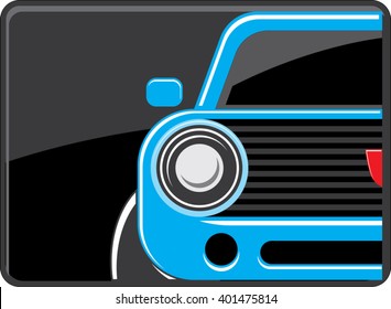Classic car blue color front view on black background. Small passenger car emblem. Car service symbol. Glossy surface imitation. Vector illustration