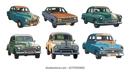 Classic Car Collection vector illustration isolated on white background.