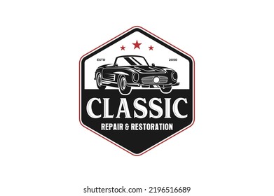 Classic car convertibles logo design automotive old workshop icon symbol black silhouette emblem hexagon shape