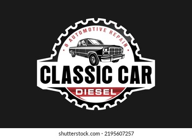 Classic car diesel logo design automotive old double cabin truck workshop icon symbol black silhouette 