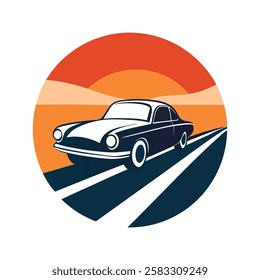 Classic car driving on highway sillhouette on retro striped vintage background vector art illustration