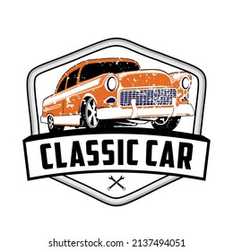 Classic car with emblem. Vector illustration with the image of an old classic car, design logos, posters, banners, signage.