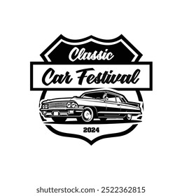 Classic Car Festival Logo Emblem Vector. Muscle Car Side View Logo Vector Illustration. Best for Vintage Automotive Related Industry