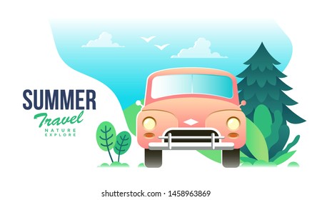 classic car with forest and sky. Travel outdoor summer background
