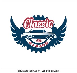 classic car garage logo vector illustration, perfect for car restoration and repair