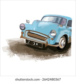 Classic car illustration, blue vintage car artwork. Good for poster, postcard, book illustration or print art