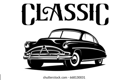Classic car illustration isolated on white background. Black and white.