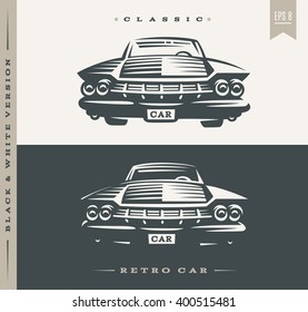 Classic car illustration on dark and light background. Front view