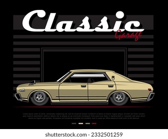 vector de ilustración de coche clásico con fondo de garaje para el diseño de los teys