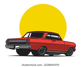 classic car image in red accent with back view along with round background for vector design illustration graphic