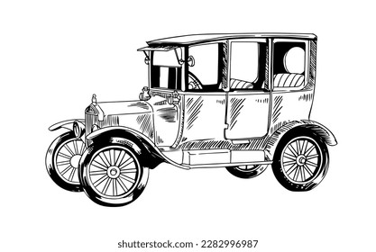 classic car of ink drawing sketch for design and art print. old car for print design. old car for wedding classic