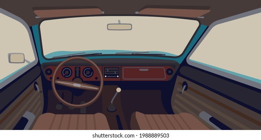 Classic car interior vector illustration. Easy to change blank background on separate layer. First person view. Driver seat, car wheel and cockpit