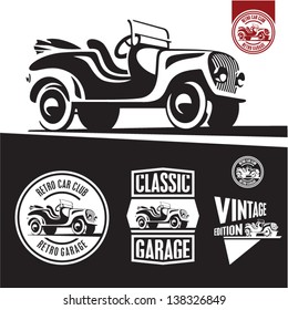 Classic car isolated vector. Retro style car garage labels.