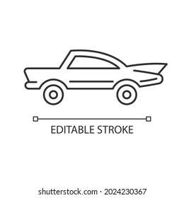 Classic car linear icon. Nostalgic value. Vintage automobile. Original production model. Thin line customizable illustration. Contour symbol. Vector isolated outline drawing. Editable stroke - Shutterstock ID 2024230367