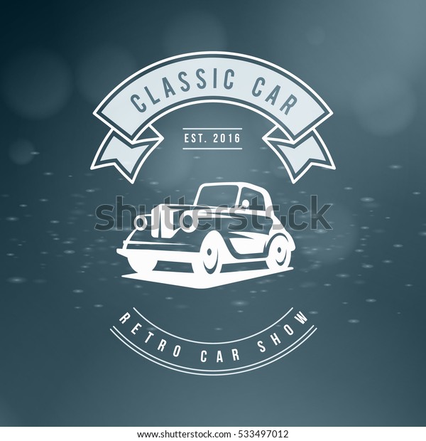 Classic\
car logo, emblem, badge. Service car repair, racing emblem. Vector\
illustration. White on abstract color\
background