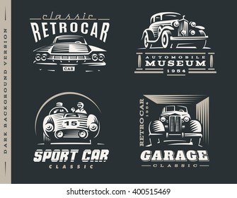 Classic car logo illustrations on dark background.