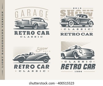 Classic car logo illustrations on light background.