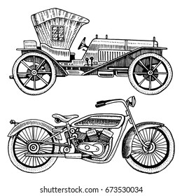 Classic car, machine or engine and motorcycle or motorbike illustration. engraved hand drawn in old sketch style, vintage transport.