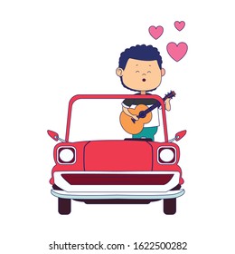 classic car with man singing over white background, colorful design, vector illustration