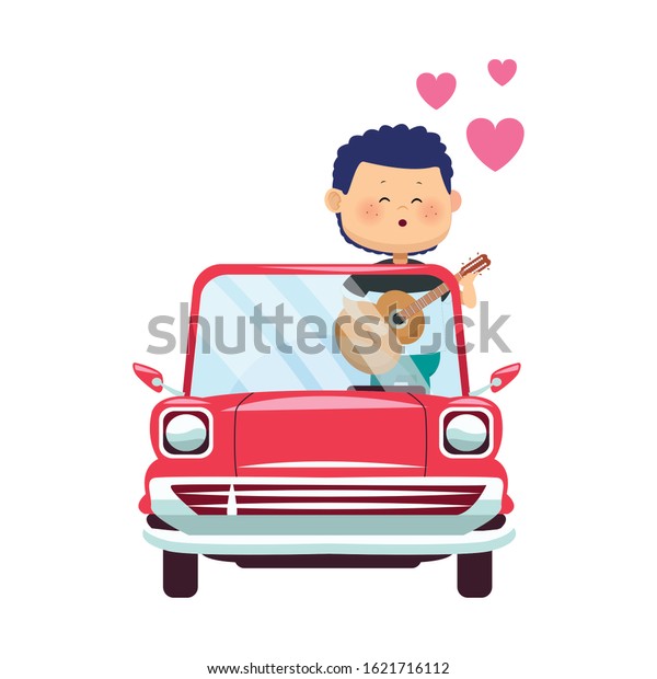 classic car with man singing over white\
background, colorful design, vector\
illustration